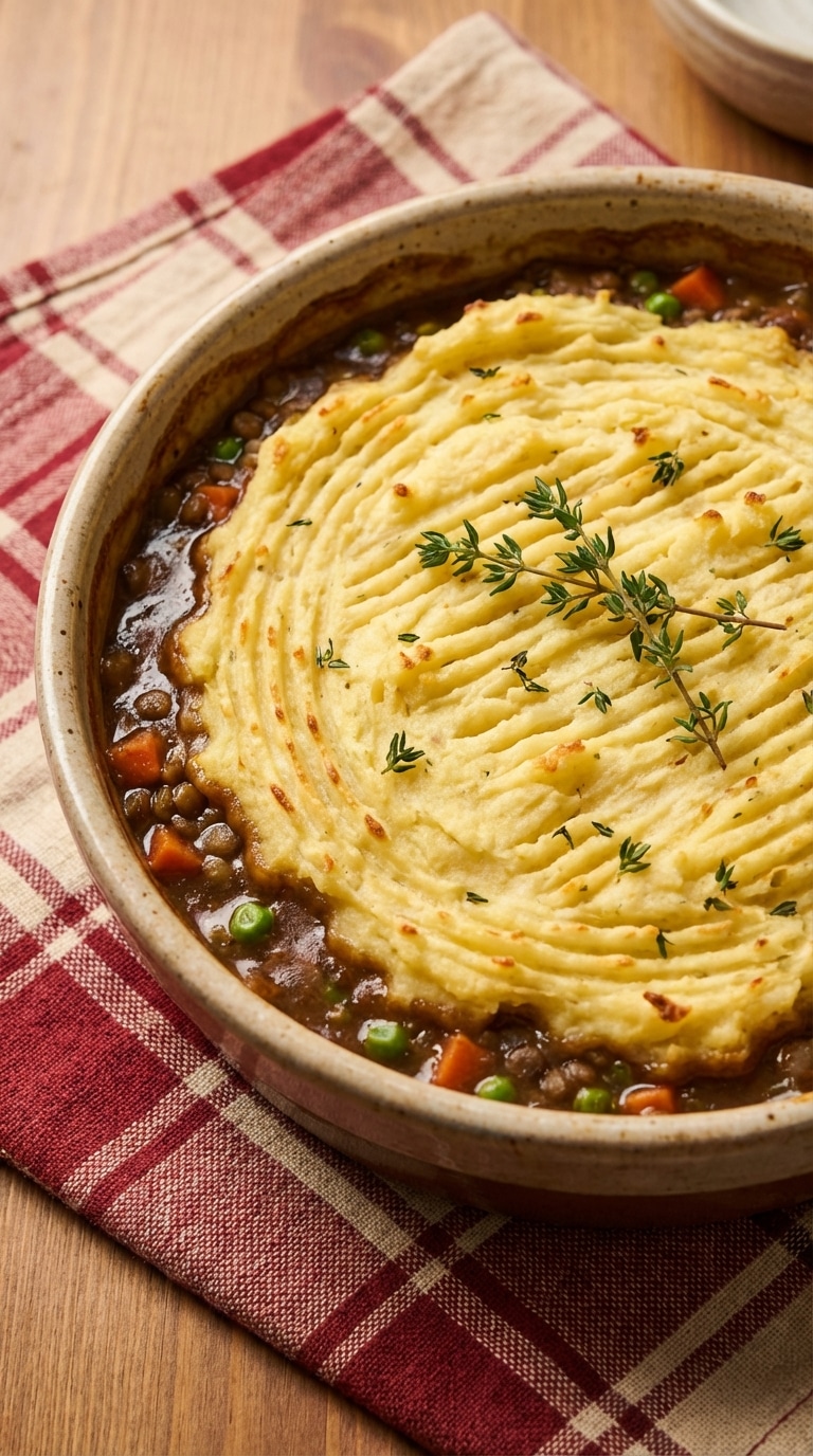 A ceramic baking dish filled with vegan shepherd's pie, featuring golden-brown mashed potatoes on top and a savory lentil and vegetable filling bubbling at the edges.