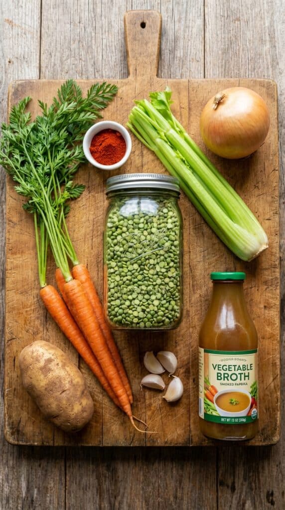 A flat lay showing dry green split peas, carrots, celery, onion, potatoes, smoked paprika, and vegetable broth on a wooden board.