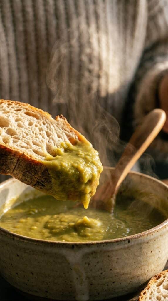 A close-up of a piece of crusty bread dipping into a hot bowl of thick split pea soup, with steam rising.