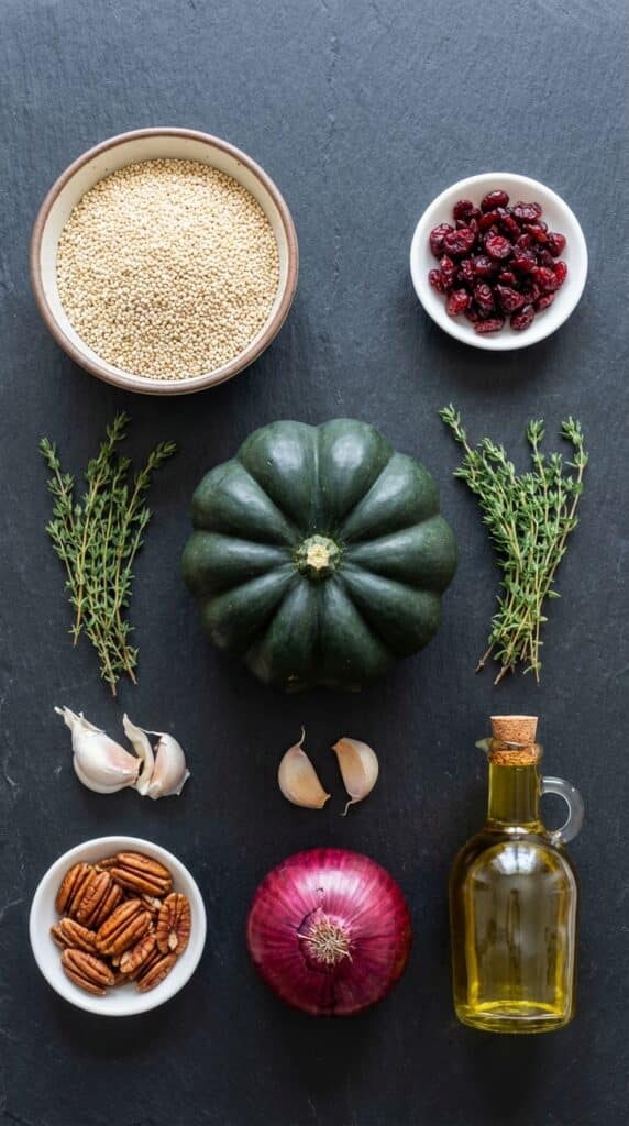 A flat lay showing a whole acorn squash, dry quinoa, cranberries, pecans, fresh herbs, and olive oil on a slate board.