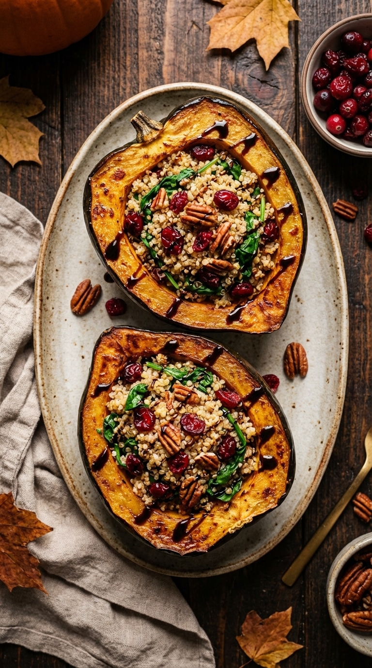 Two halves of roasted acorn squash stuffed with a colorful quinoa, cranberry, and pecan mixture on a ceramic platter.