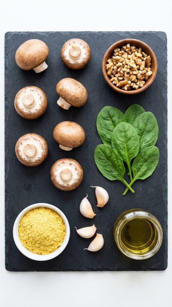 A flat lay showing raw mushrooms, chopped walnuts, spinach, garlic, and nutritional yeast on a dark slate board.