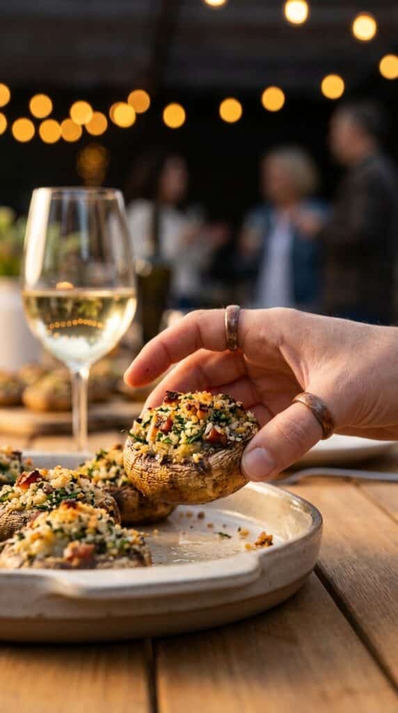 A close-up of a hand picking up a single crispy stuffed mushroom from a tray at a party.