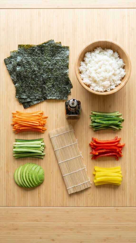 A flat lay showing nori sheets, sushi rice, a bamboo mat, and neatly sliced carrots, cucumbers, avocado, peppers, and pickled radish on a bamboo board.