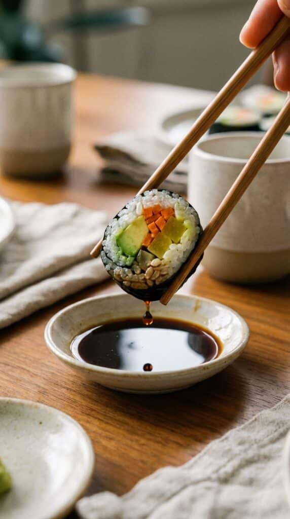 A close-up of chopsticks dipping a piece of vegetable sushi into a small dish of soy sauce.