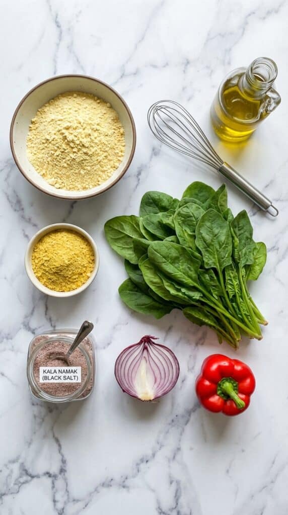 A flat lay showing chickpea flour, nutritional yeast, red pepper, spinach, and onion on a marble board.