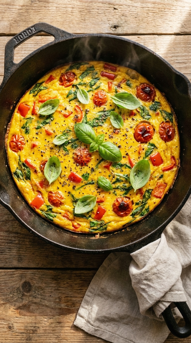 A top-down view of a cast iron skillet filled with a golden vegan chickpea frittata with peppers, spinach, and tomatoes.