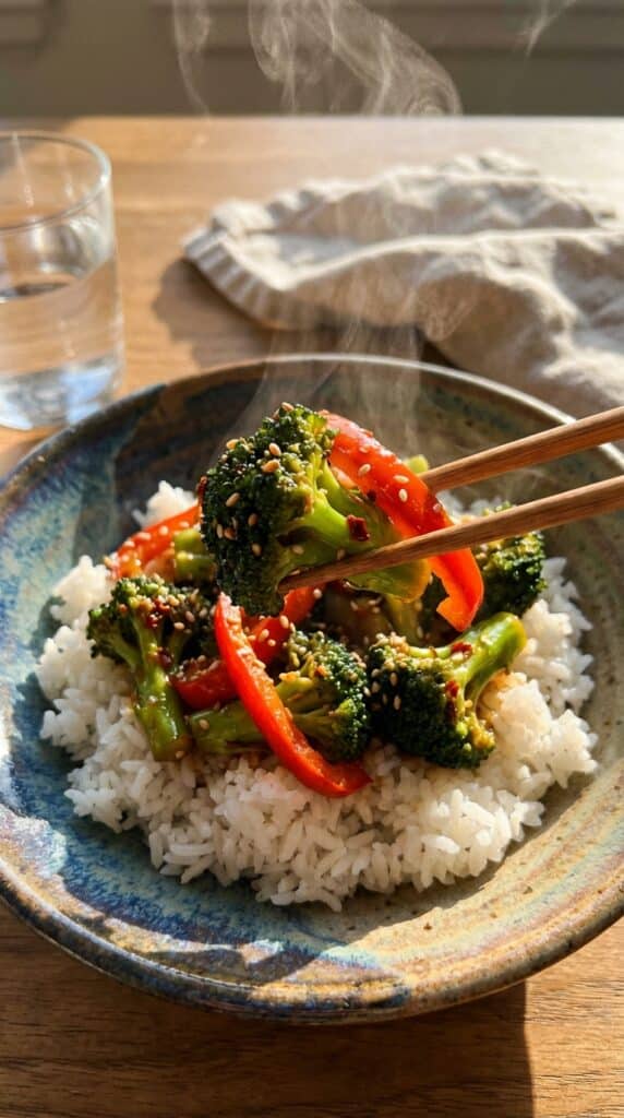 A close-up of wooden chopsticks lifting a piece of glossy, sauce-covered broccoli and red pepper from a rice bowl.
