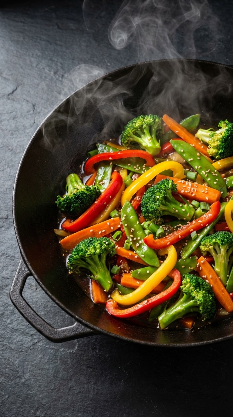 A top-down view of a wok filled with colorful, glossy vegetable stir-fry topped with sesame seeds and steam rising.