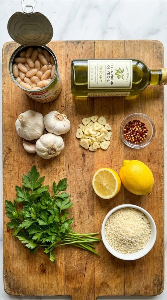 A flat lay showing canned white beans, olive oil, sliced garlic, chili flakes, and parsley on a wooden board.