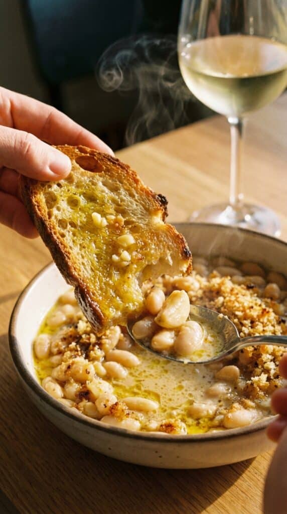 A close-up of crusty bread dipping into a bowl of garlic white beans with steam rising.