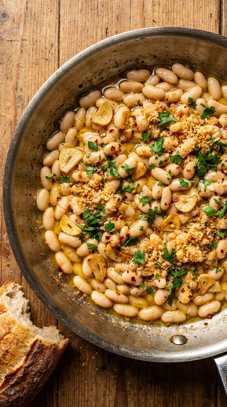 A top-down view of a skillet filled with white beans in garlic oil, topped with parsley and chili flakes.