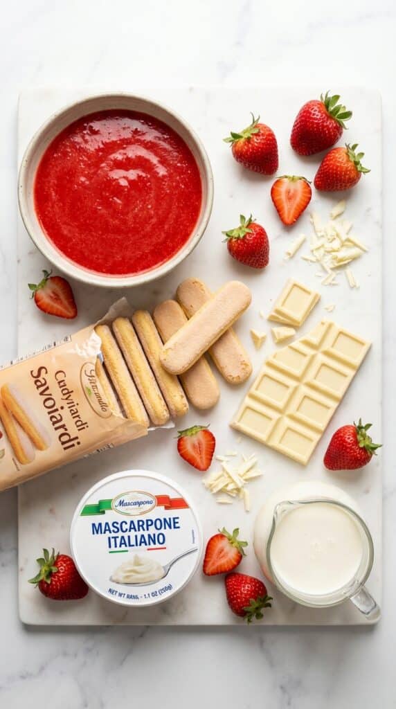 A flat lay showing strawberry puree, ladyfingers, white chocolate, and mascarpone cheese on a marble board.