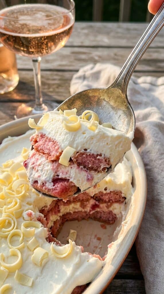 A close-up of a spoon scooping a serving of strawberry tiramisu, showing the moist pink layers.