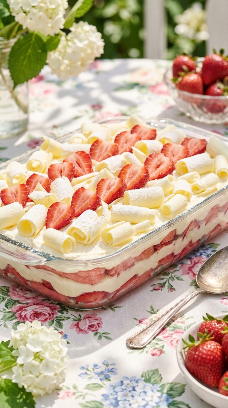 A glass dish filled with layered strawberry tiramisu topped with white chocolate shavings and fresh berries.