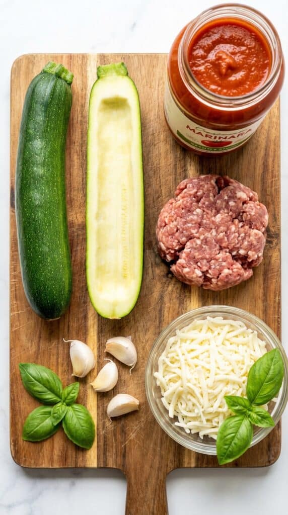 A flat lay showing raw zucchini, scooped zucchini shells, sausage, marinara sauce, and cheese on a wooden board.
