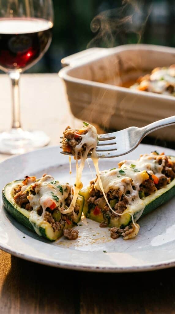 A close-up of a fork cutting into a cooked zucchini boat, revealing the meat filling and a cheese pull.