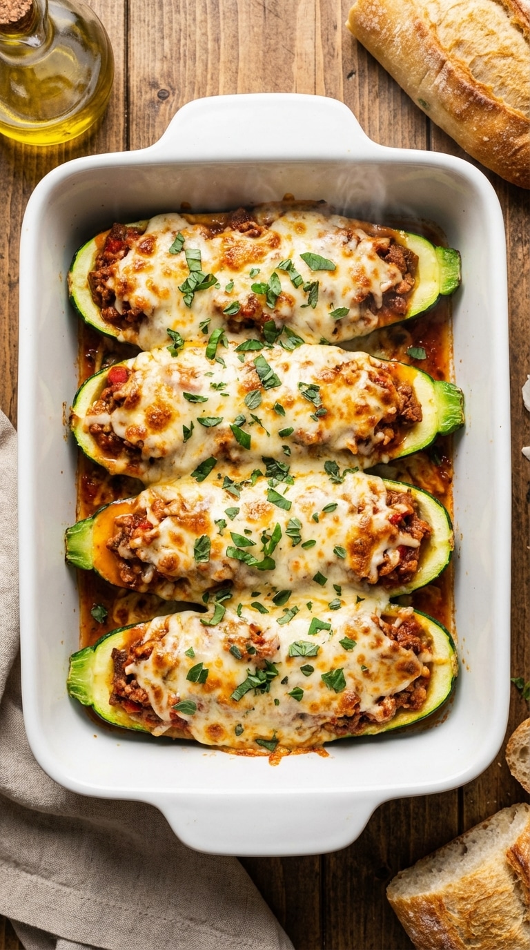 A top-down view of a baking dish filled with zucchini boats stuffed with meat sauce and topped with melted cheese and basil.