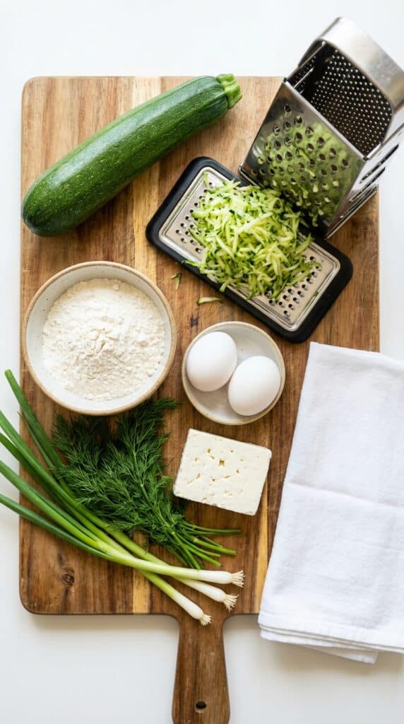 A flat lay showing whole and grated zucchini, eggs, flour, feta cheese, and herbs on a wooden board.