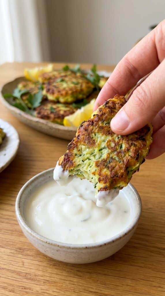 A close-up of a hand dipping a piece of zucchini fritter into a white sauce.
