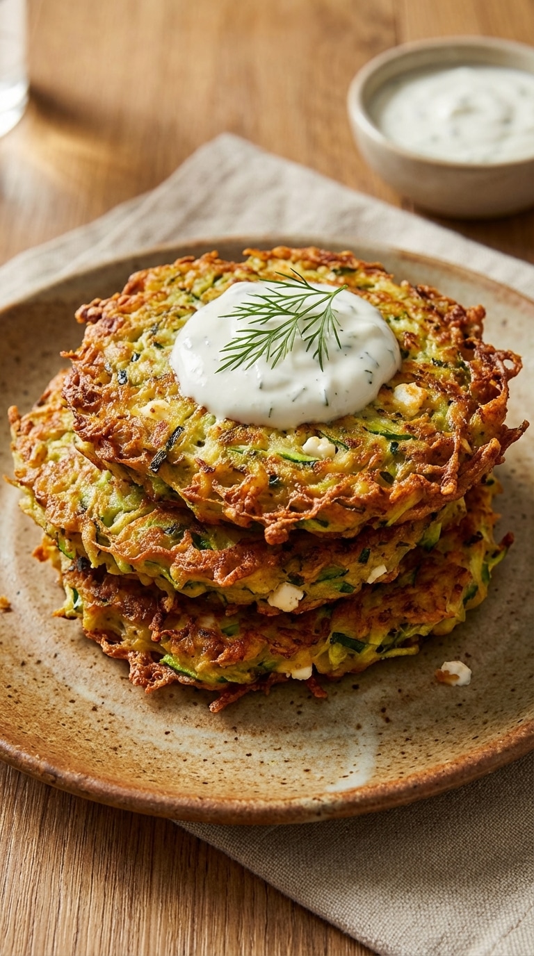 A stack of golden crispy zucchini fritters topped with yogurt sauce and dill on a plate.