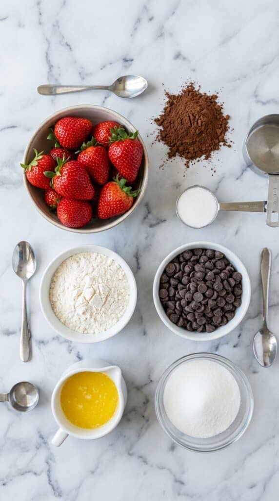 A flat lay showing fresh strawberries, cocoa powder, chocolate chips, flour, and butter on a marble board.