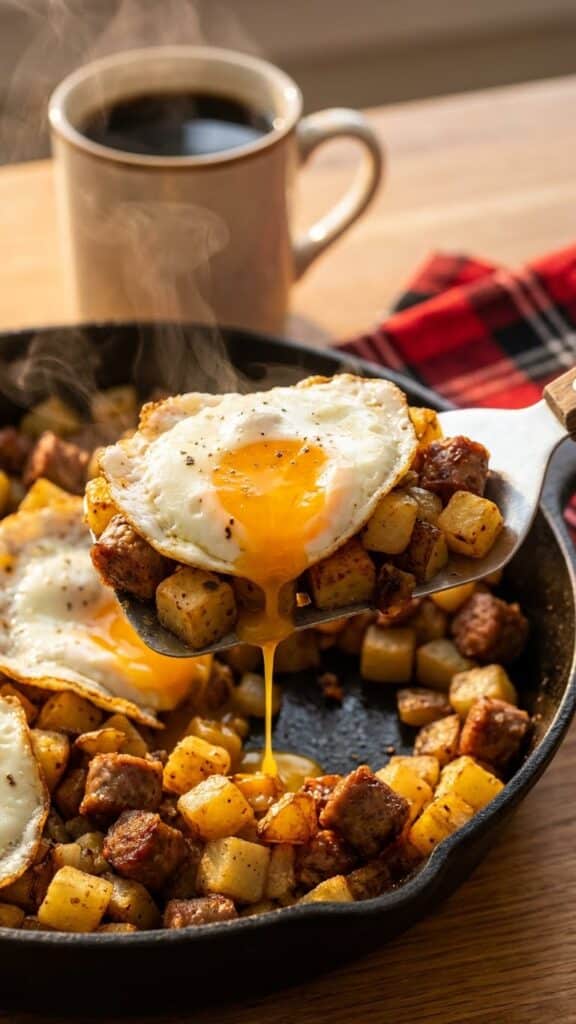 A close-up of a spatula lifting a serving of potato and sausage hash with a dripping egg yolk.