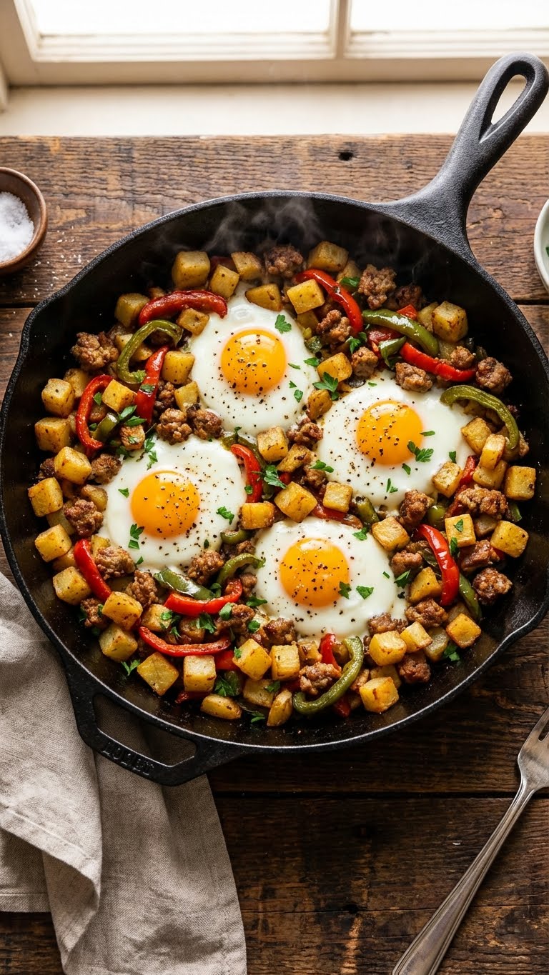 A top-down view of a cast-iron skillet filled with hash browns, sausage, and sunny-side-up eggs.