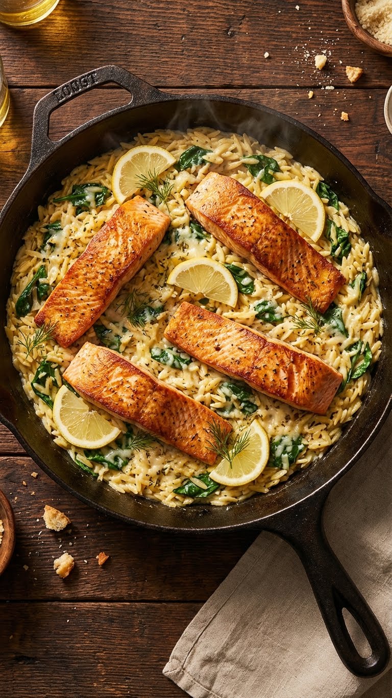 A top-down view of a skillet containing crispy seared salmon fillets resting on a bed of creamy lemon spinach orzo.