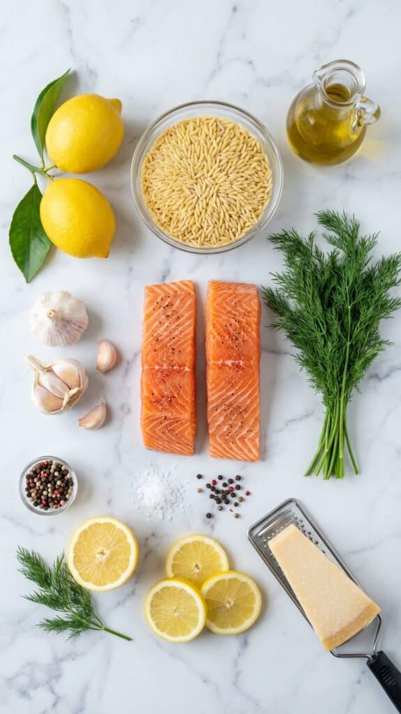 A flat lay showing raw salmon fillets, dry orzo pasta, lemons, garlic, dill, and parmesan cheese on a marble surface.