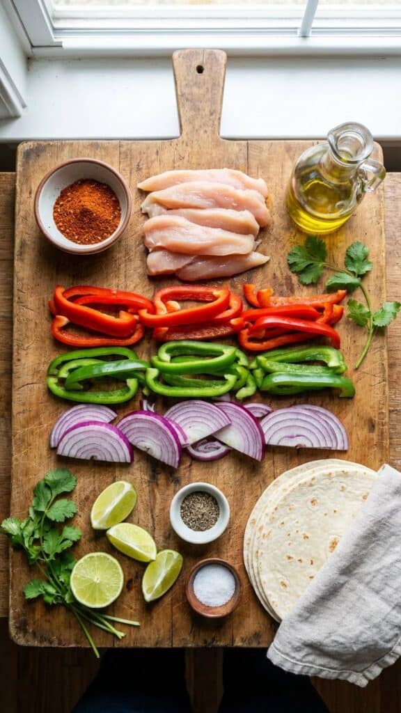 A flat lay showing raw sliced chicken, colorful bell peppers, onions, tortillas, and spices.