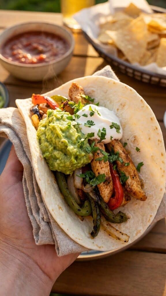 A close-up of a hand holding a loaded chicken fajita taco with guacamole and sour cream.