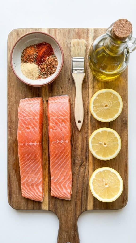 A flat lay showing raw salmon fillets, olive oil, spices, and lemons on a wooden board.