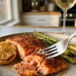 A close-up of a fork flaking a piece of cooked salmon to show the tender pink inside.