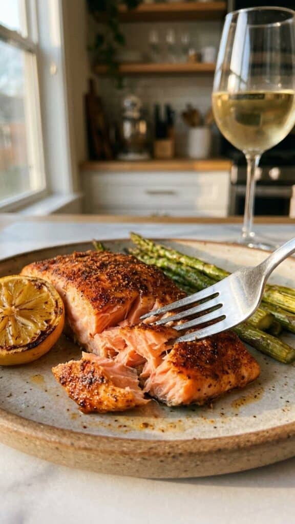 A close-up of a fork flaking a piece of cooked salmon to show the tender pink inside.