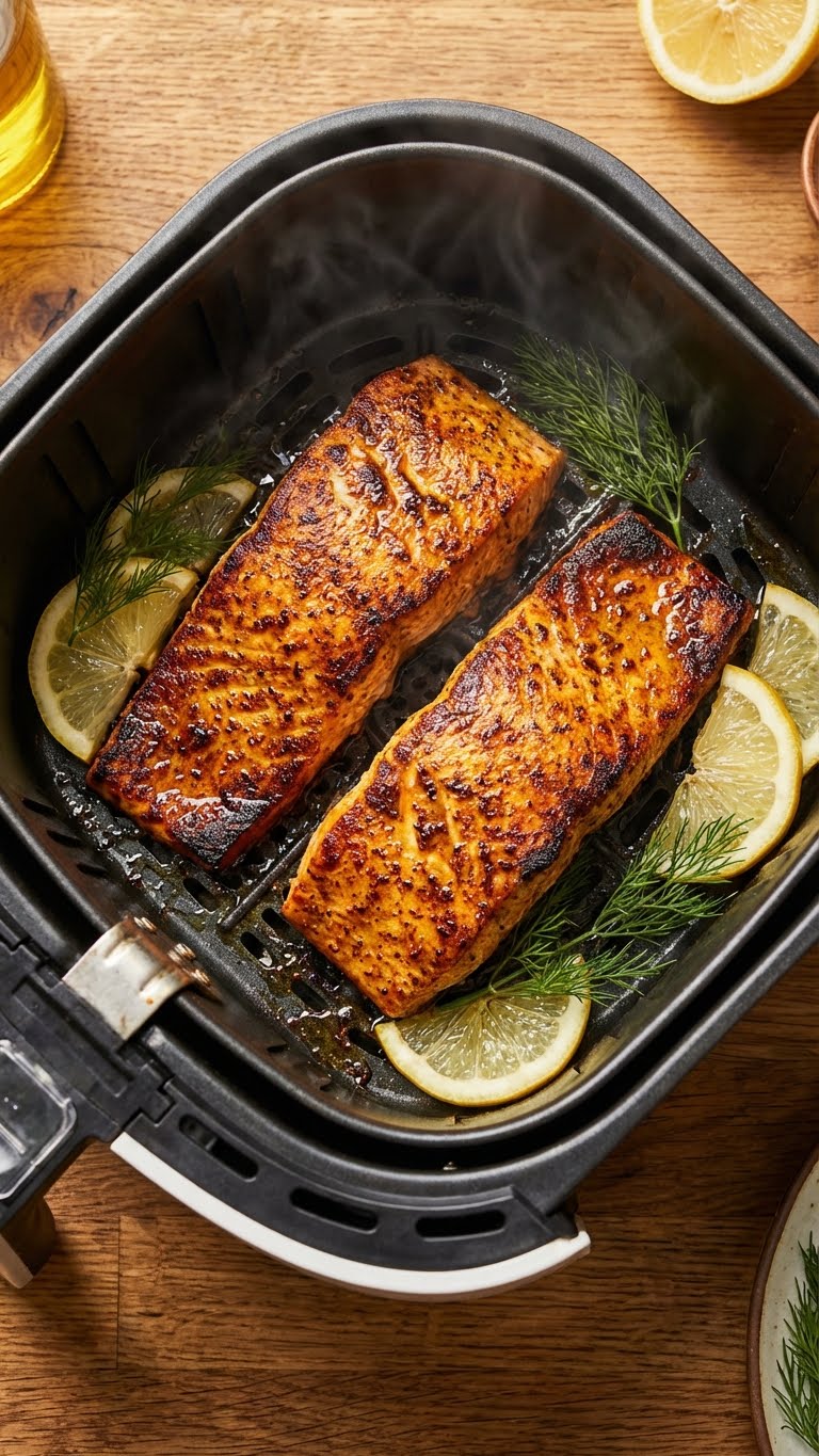 Top-down view into an air fryer basket showing two golden brown cooked salmon fillets with lemon.
