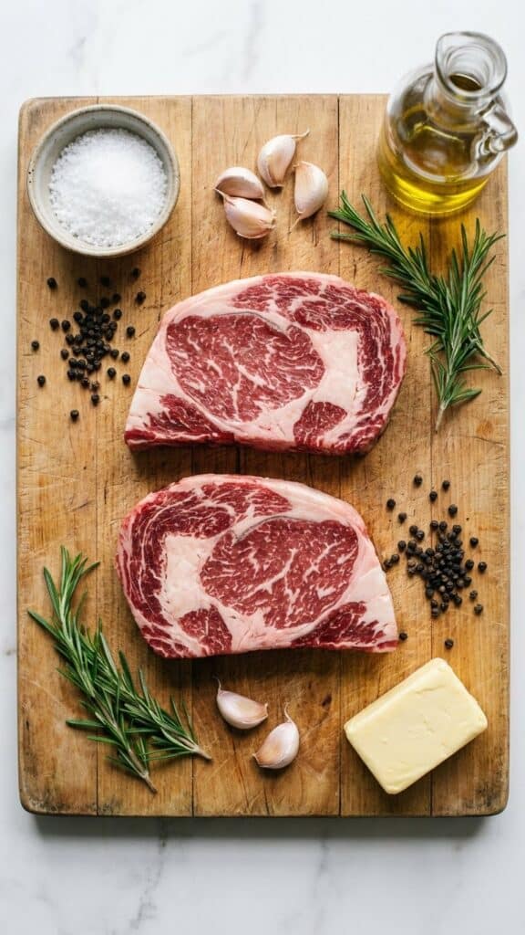 A flat lay showing raw marbled ribeye steaks, sea salt, peppercorns, garlic, rosemary, and butter on a wooden board.