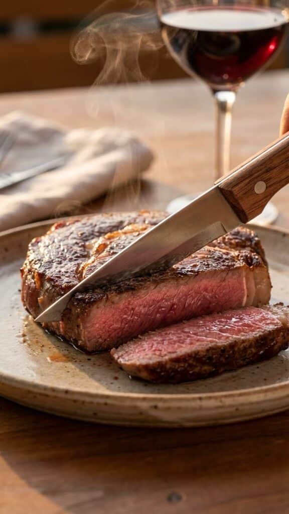 A close-up of a knife cutting into a ribeye steak revealing a juicy pink medium-rare interior.