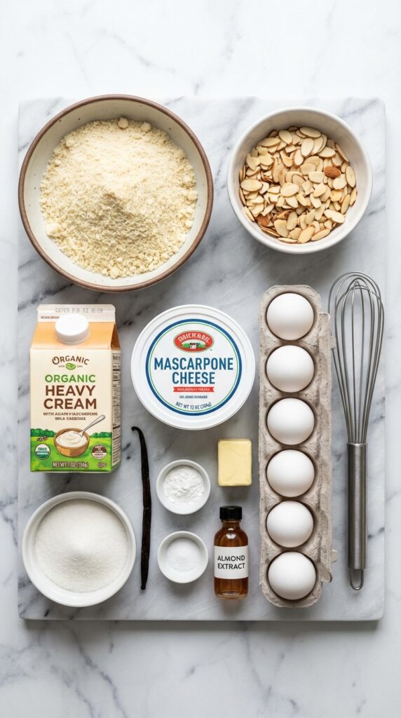 A flat lay showing almond flour, sliced almonds, heavy cream, mascarpone, and eggs on a marble board.