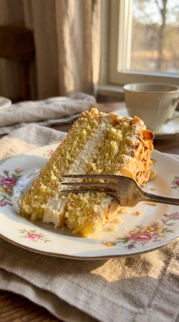 A close-up of a slice of almond layer cake showing the cream filling and toasted almond coating.