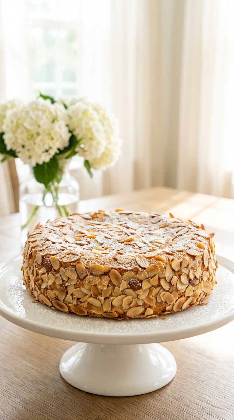 A whole round layer cake on a stand, covered in toasted sliced almonds and dusted with powdered sugar.