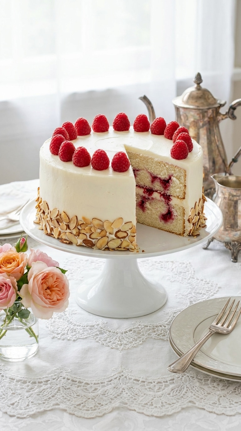 A whole almond layer cake with white frosting, almond flakes on the side, and fresh raspberries on top, cut open to show a red jam swirl inside.