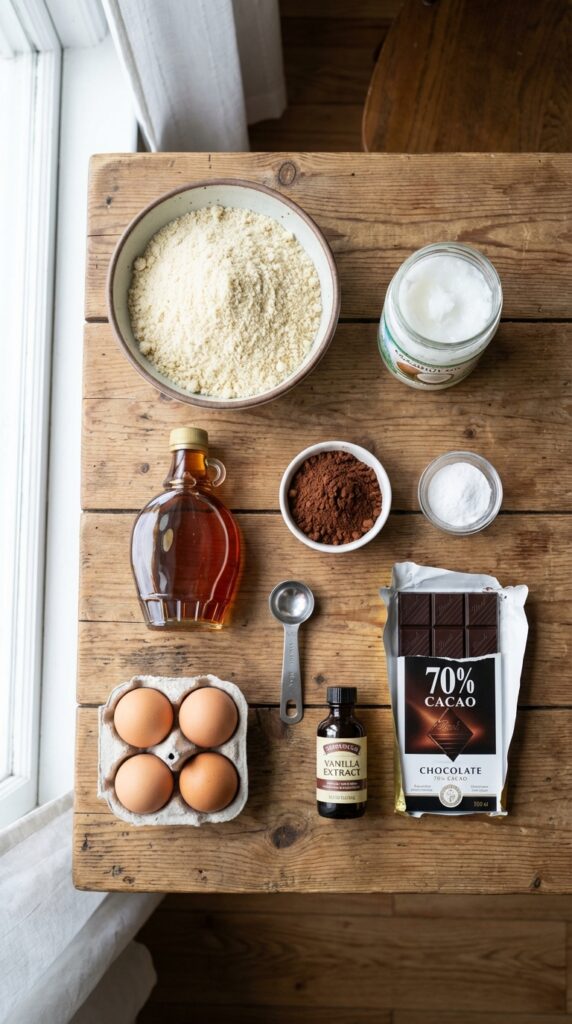 A flat lay showing almond flour, coconut oil, maple syrup, cocoa powder, and eggs on a wooden board.