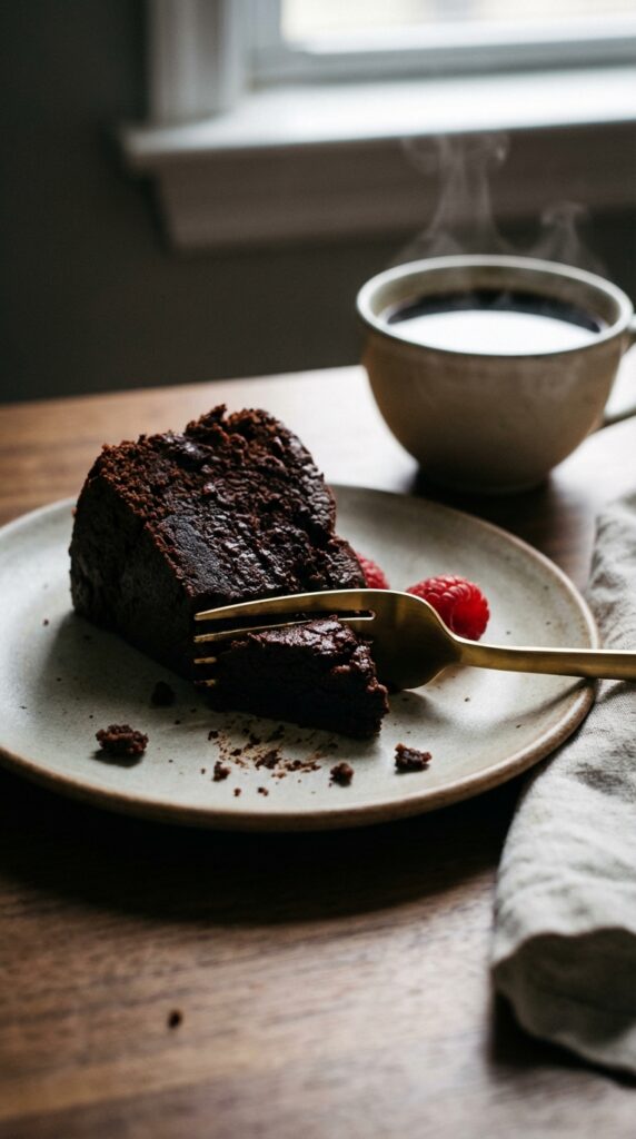 A close-up of a slice of dark chocolate paleo cake with a fork cutting into the moist, fudgy crumb.