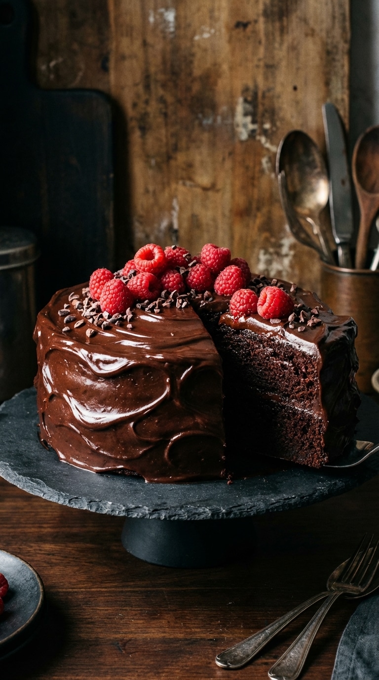 A whole two-layer dark chocolate cake with glossy frosting, topped with raspberries on a slate stand.