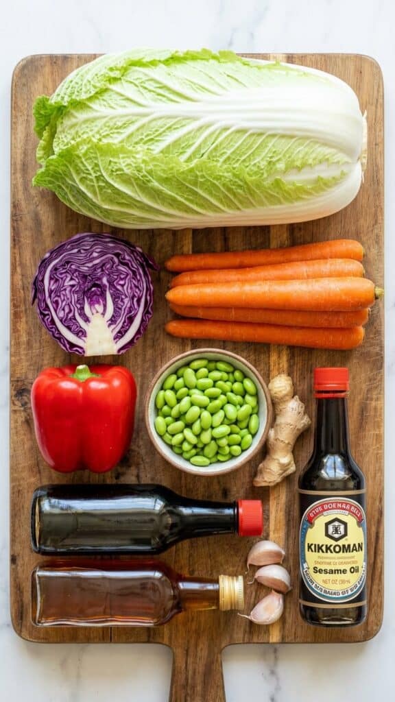 A flat lay showing Napa cabbage, purple cabbage, carrots, peppers, edamame, and dressing ingredients on a wooden board.