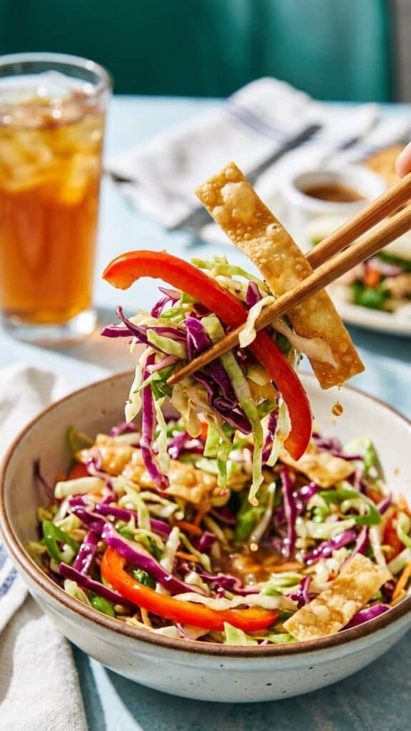 A close-up of chopsticks lifting a bite of cabbage salad with wonton strips.