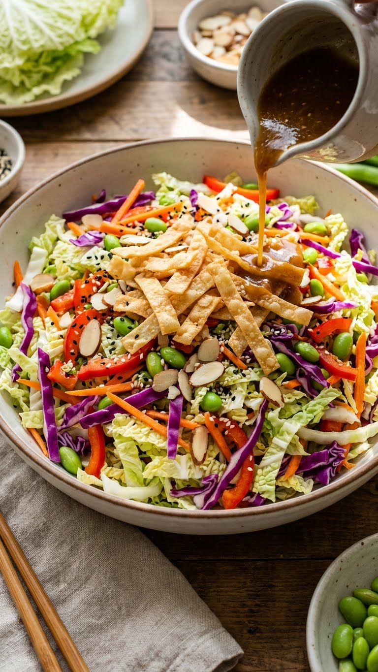 A large salad bowl filled with shredded cabbage, carrots, edamame, and wonton strips, with dressing being poured on top.