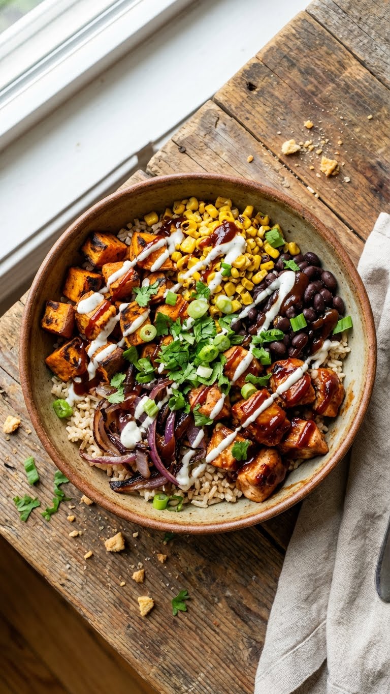 A top-down view of a colorful bowl filled with roasted BBQ chicken, sweet potatoes, corn, black beans, and greens.