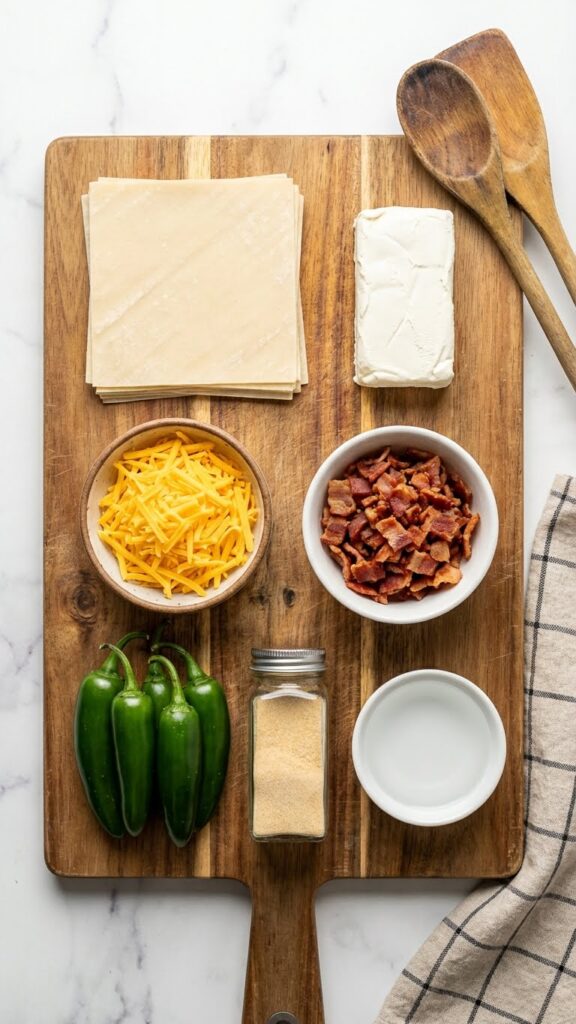 Overhead flat lay view of ingredients: eggroll wrappers, cream cheese, shredded cheddar, crispy bacon, and fresh jalapeños.